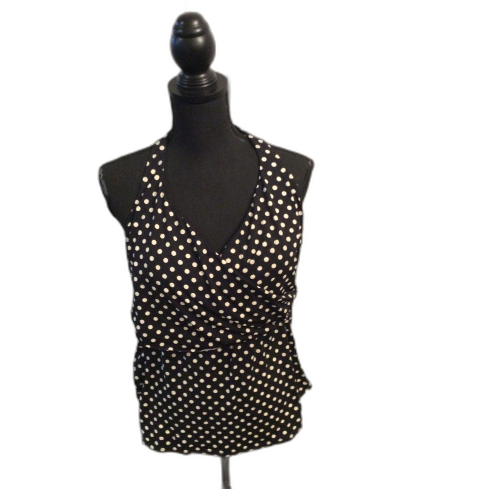 Land's End Black White Polka Dot Swim Top Size 14 Womens